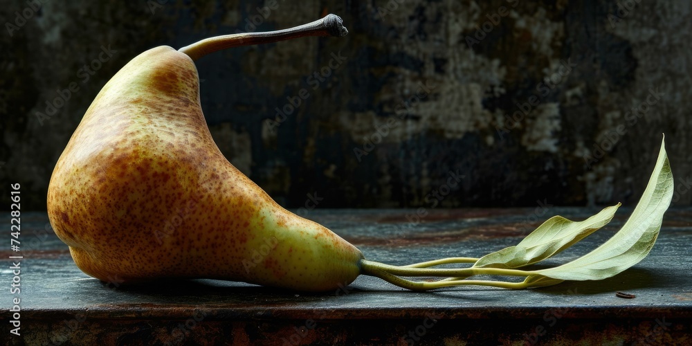Poster a pear on a table with leaves. generative ai.