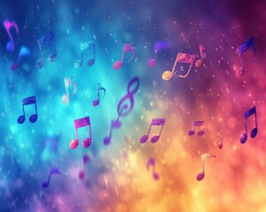 Colorful music notes and musical notes on a colorful background. Generative AI.