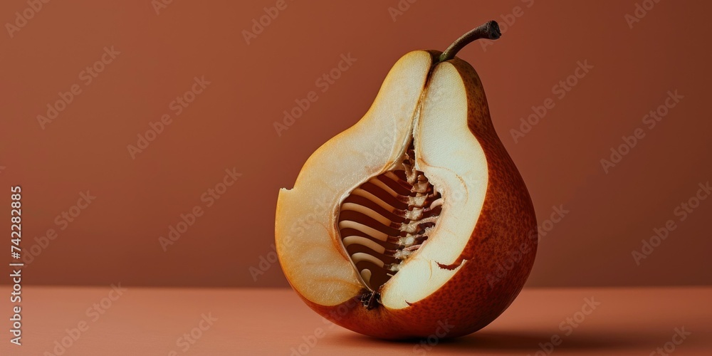 Poster a pear cut in half with a slice missing. generative ai.