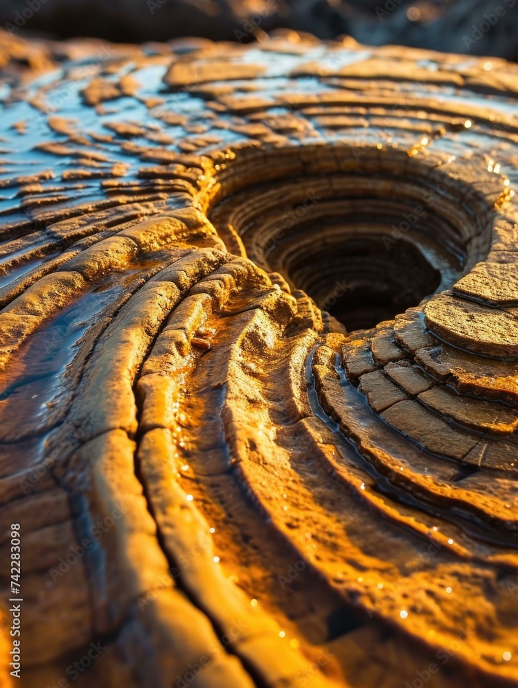 Poster a close up of a tree stump with a spiral pattern. generative ai.