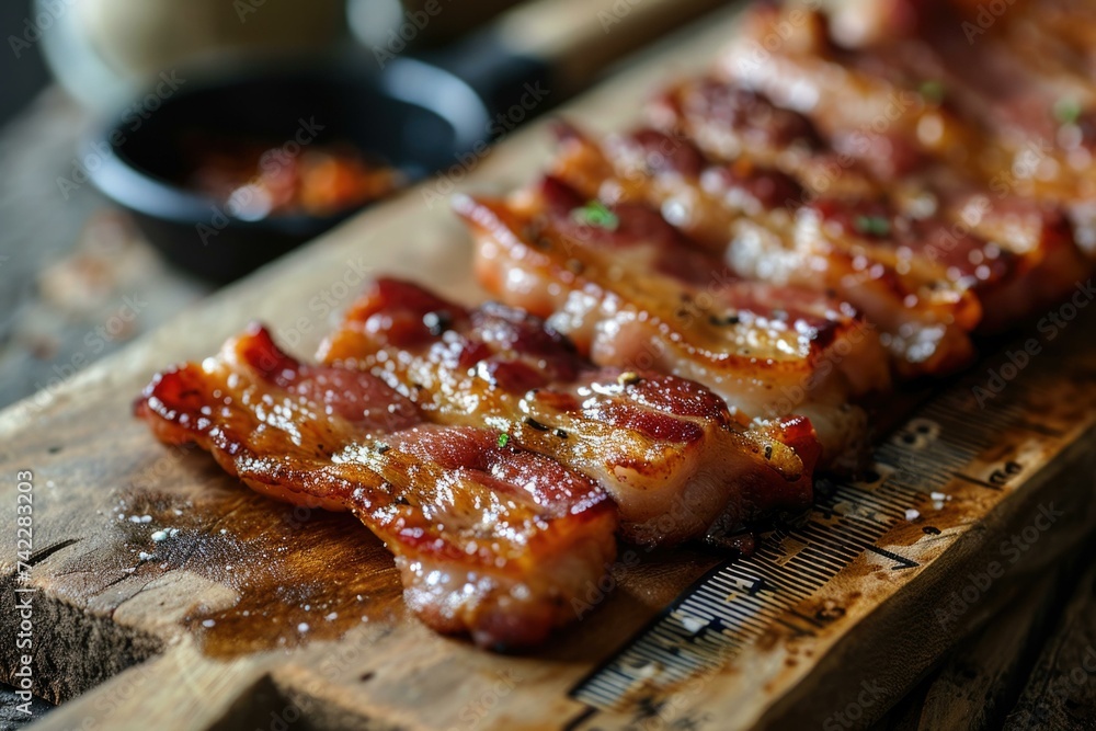 Poster bacon on a cutting board with a measuring tape. generative ai.