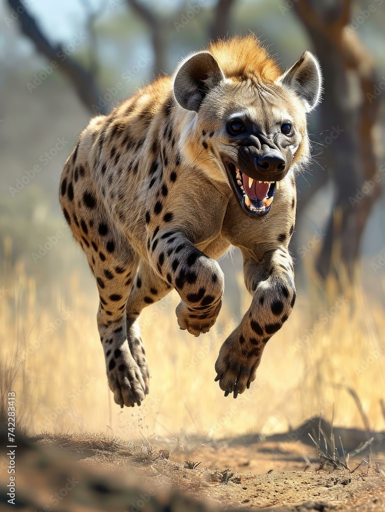 Poster hyena running in the wild with its mouth open. generative ai.