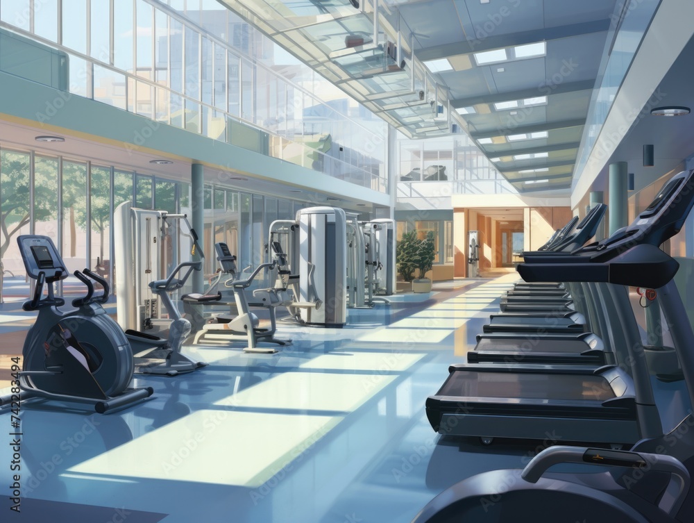 Poster a gym room with tread machines and windows. generative ai.