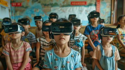 Group of kids wearing VR headset - obrazy, fototapety, plakaty