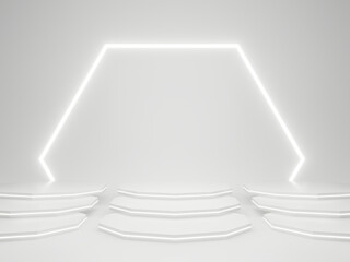 3D render white scientific podium with white neon lights.