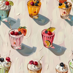 Sweets, ice blended, wipe cream, berries, and more in a seamless pattern, perfect for food and drink icons, seamless pattern illustrations, and restaurant decorations
