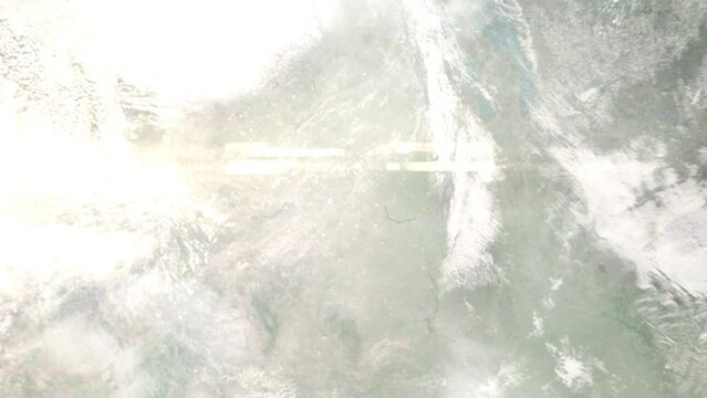 Earth zoom in from space and focus on Williston, North Dakota, USA. 3D Animation. Satellite view. Background for travel intro. Images from NASA