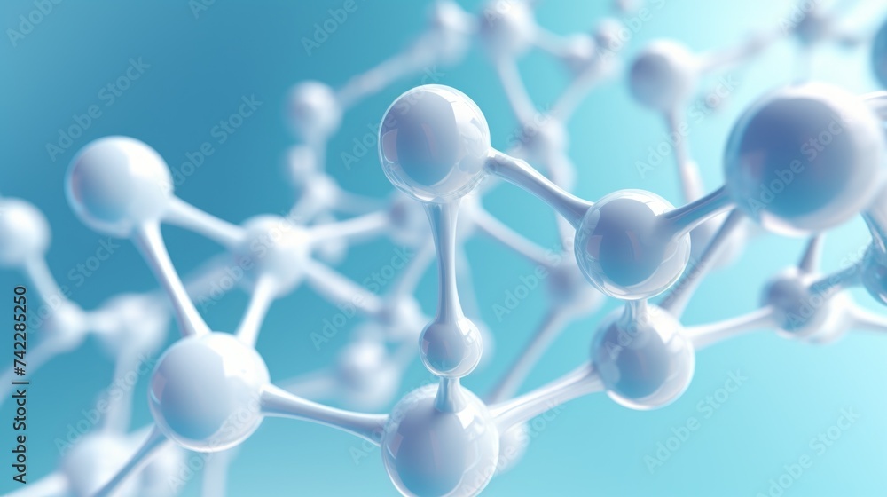 Poster close-up of an abstract structure of a white molecule with atoms on a light blue background. science