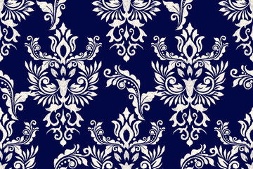 Digital painting design seamless pattern.blue and white backgroundink on cloth vector illustration.Aztec style,traditional,baroque,hand drawn.design for texture,fabric,clothing,wrapping,decoration.