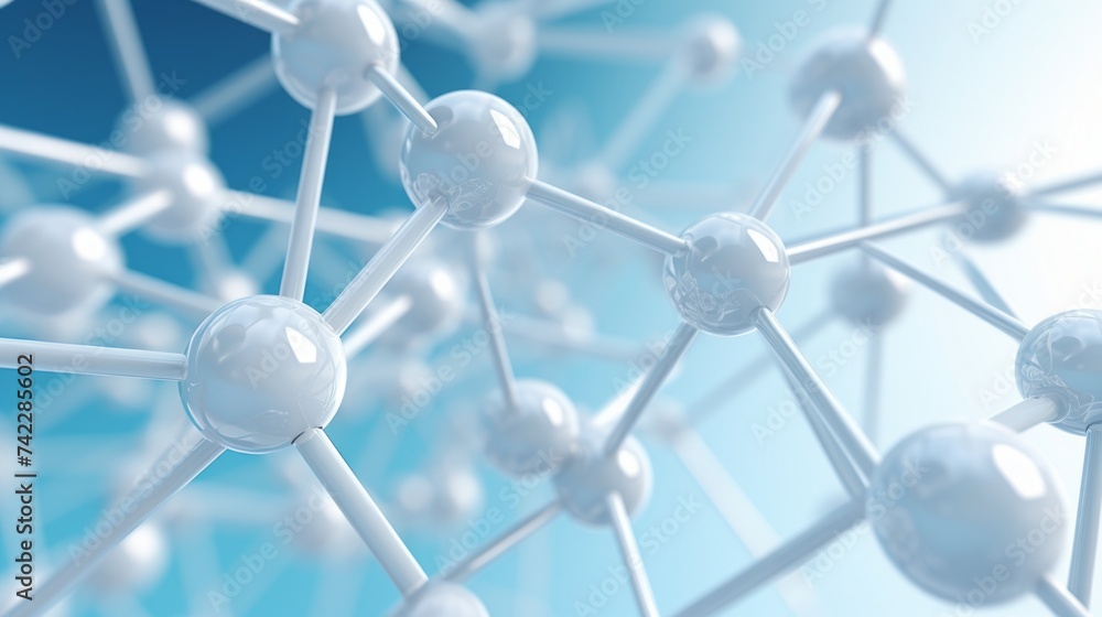 Poster close-up of an abstract structure of a white molecule with atoms on a light blue background. science