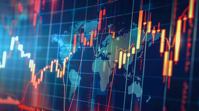 モニタに出力された株価チャートと世界地図