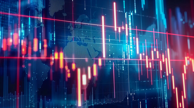 モニタに出力された株価チャートと世界地図