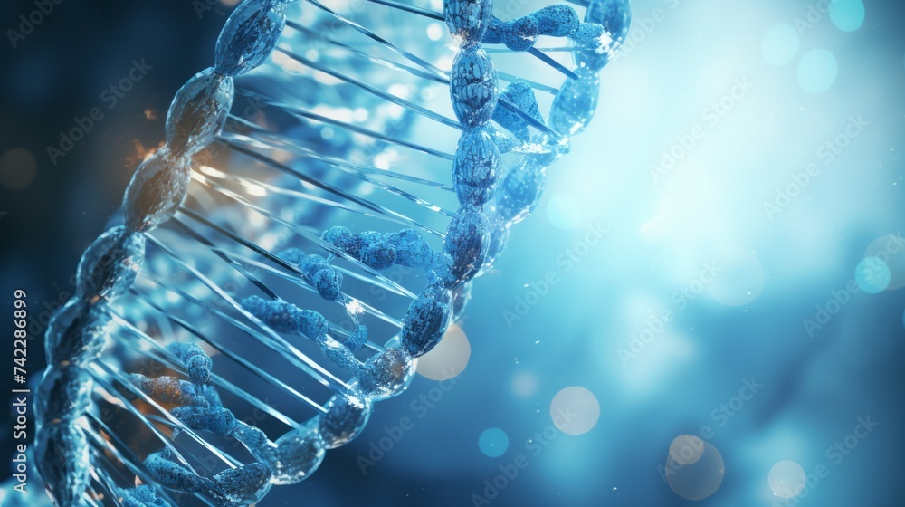Aufkleber close-up of an abstract dna helix structure with molecules and atoms on a blue background. science, 