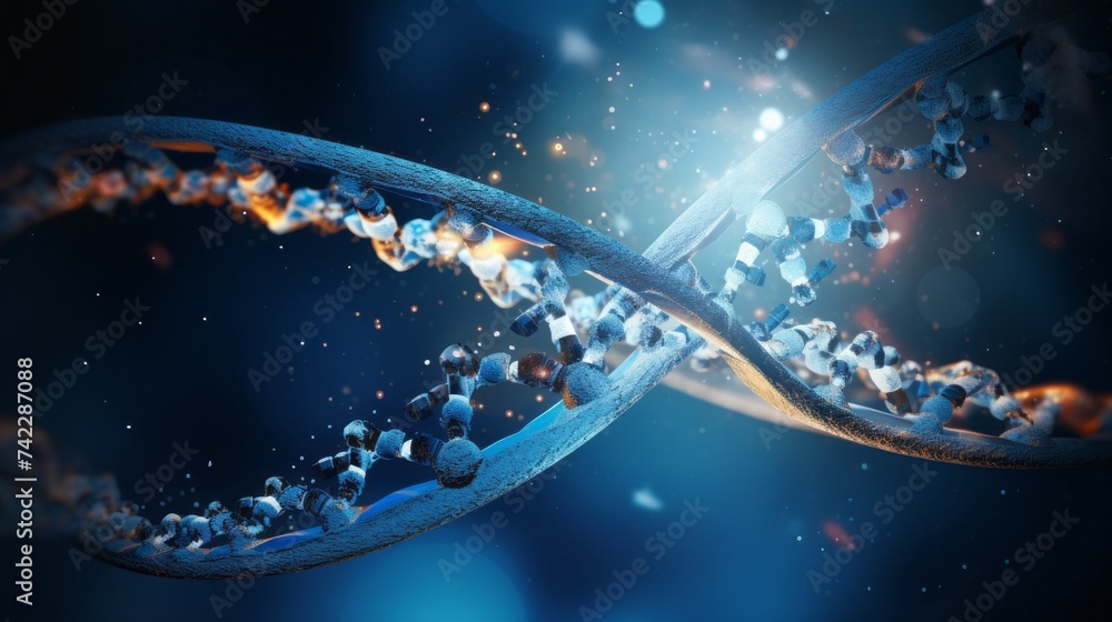 Poster close-up of an abstract dna structure with molecules and atoms on a blue background. science, neural