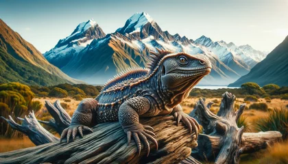 Fotobehang Tuatara, an ancient reptile native to New Zealand, close-up portrait. © Hanna Tor