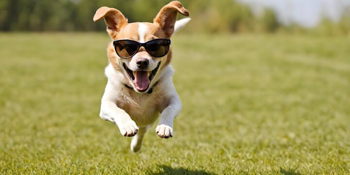 Portrait of a joyful jumping dog in sunglasses against a light background. Promotional banner with copy space. Creative animal concept.