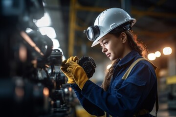 Ai generated of woman engineer in uniform helmet inspection check control heavy machine construction installation in factory. technician worker check for repair maintenance electronic operation.