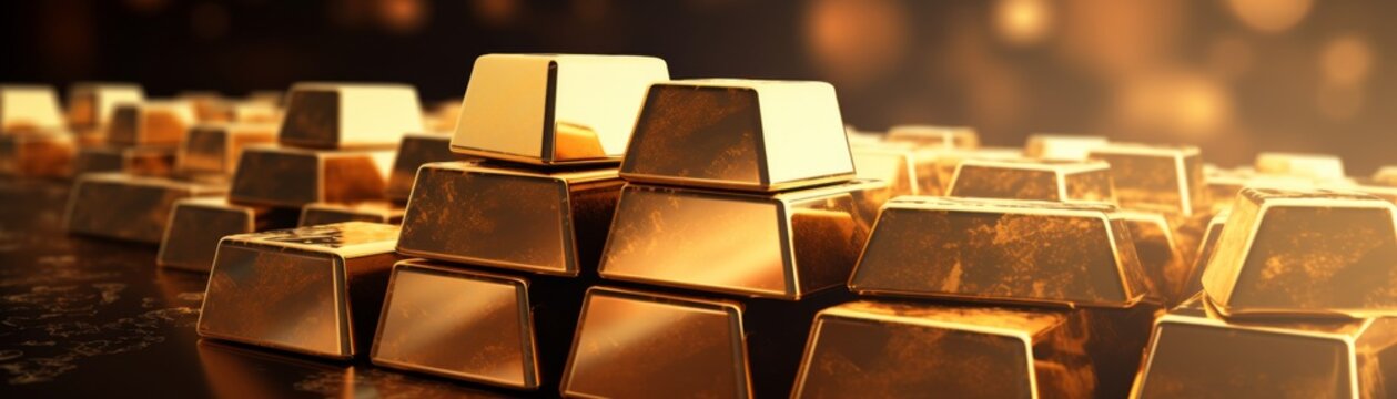 Ai generated ofGold bars Gold ingot, bullion gold, bank vault, stacked image. close up many pure gold bar ingot put on the black color with bokeh surface. many pile of gold bars in golden background.