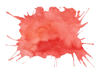 A large red watercolor spot with splashes is isolated on a white background, hand-drawn. A banner for design, decoration with a place for text. Spilled paint with smudges. The texture of watercolor 