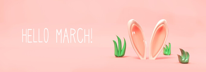 Hello March message with rabbit ears - obrazy, fototapety, plakaty
