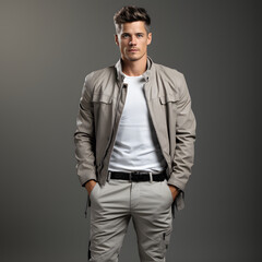 Fototapeta premium Masculine Man in Casual Shirt and Trousers, Posing with Hands in Pants Pockets on Studio Background