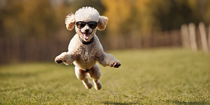 Portrait of a joyful jumping poodle in sunglasses against a light background. Promotional banner with copy space. Creative animal concept.