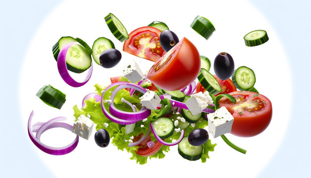 An image of a Greek salad with flying ingredients.