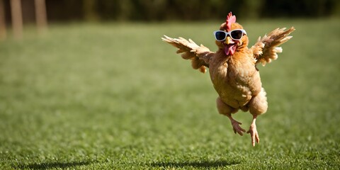 Portrait of a joyful jumping chicken in sunglasses against a light background. Promotional banner with copy space. Creative animal concept.