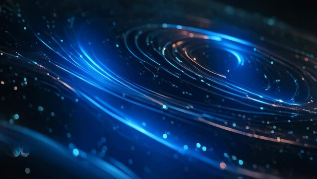 Background animation video of mesmerizing swirling light trails, with a combination of blue and gold against a dark background, creating the illusion of a galaxy or digital data stream