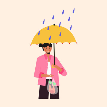 Woman holding umbrella and shopping bags during rain illustration