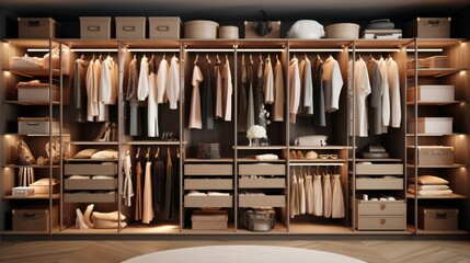 Fototapeta na wymiar Generative AI Customized Wardrobe Storage ::1 visual of a customized wardrobe closet with adjustable shelves, compartments, and personalized organization