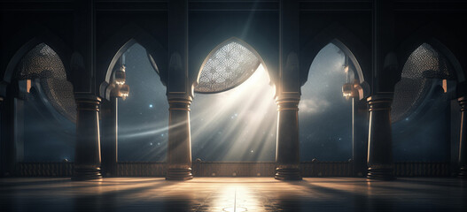 moon light shine through the window into Islamic mosque interior