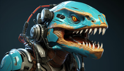 a dinosaur equipped with futuristic space gear such as a helmet jetpack and high tech gadgets for...