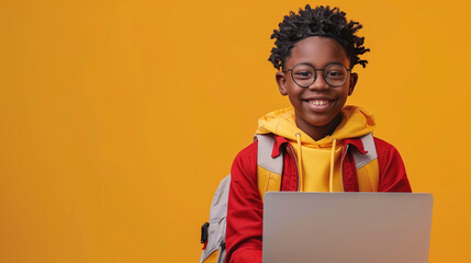 Young boy wearing glasses using laptop for online learning
