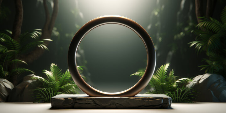 Wooden circle  stage on stone podium, jungle scene with plants and rocks.
