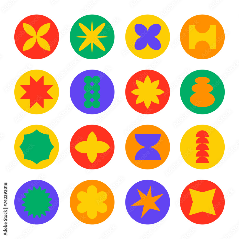 Poster Set of round retro stickers. Trendy y2k icons with abstract colorful shapes. Vector illustration.