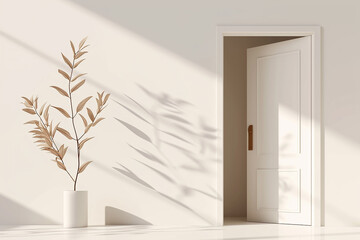 Path to Growth: White Open Door with Potted Plant and Shadow on White Wall