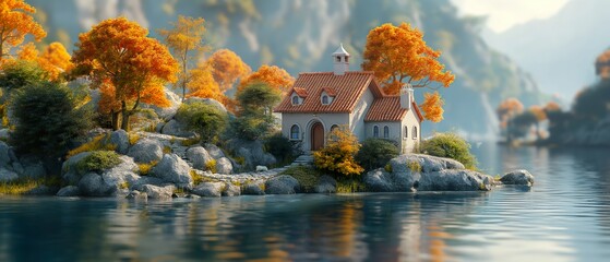 A lonely house standing on the shore of a lake. Generated AI