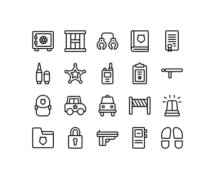 Simple Icon Of Police Security-related Line Icon. Contain Such Icons As Safety Box, Jail, Handcuff, Bullets, Sheriff Badge, Baton, And More. Editable Stroke.