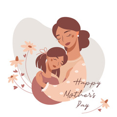 Vector Happy Mother`s Day card. Beautiful young mom with her daughter. Nice woman ang cute girl in a flowers. Friendly family portrait.