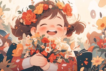 Illustration of girl holding flowers in hands, Thanksgiving Teacher's Day and Mother's Day concept illustration