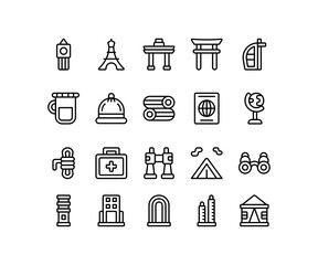 Simple icon of Building-related line icon. Contain such icons as tower, rope, passport, tent. Editable stroke.