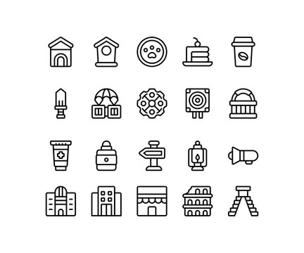 Simple icon of Building-related line icon. Contain such icons as kabah, colleseum, hotel, knife, food. Editable stroke.