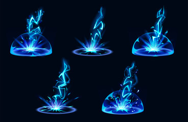 Lightning hit ground or floor with burst vfx effect, light ball and smoke clouds. Cartoon vector illustration set of blue thunder bolt with flash and power energy splash for game ui design.