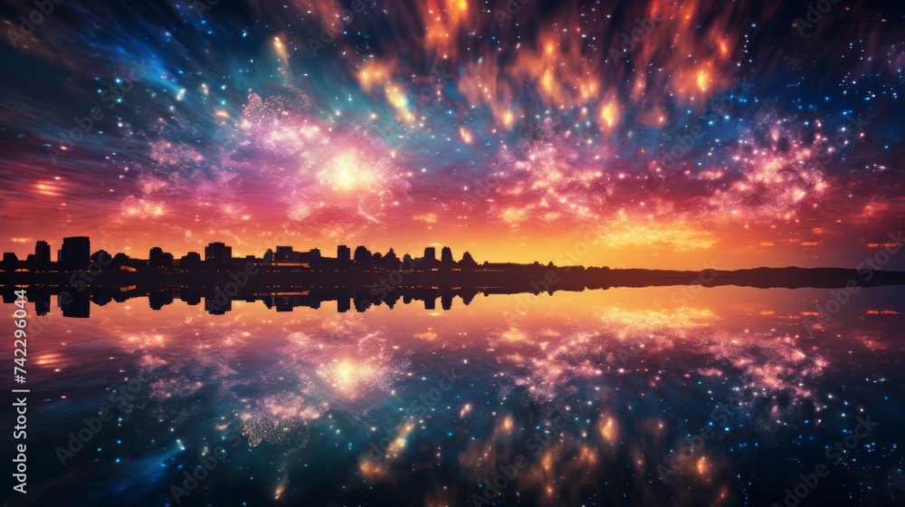 Poster Generative AI Fireworks reflected on the surface of a calm lake, creating a stunning mirrored effect.