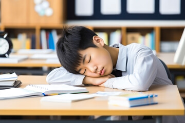 bored asian student sleeping on his desk in the school classroom