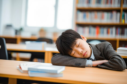 bored asian student sleeping on his desk in the school classroom