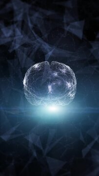 Loop digital human brain rotation on dark blue vertical background.