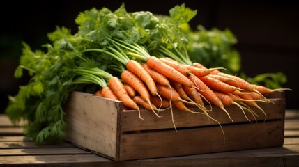 Freshly harvested carrots in a box, close-up realistic photo Generative AI