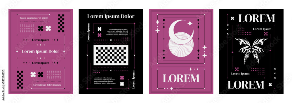 Poster poster template in y2k style with simple line frame and shape, sparkle and moon stickers, abstract n